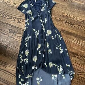Navy blue yellow floral flowy asymmetrical Free People midi dress v neck